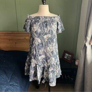 Marine Layer Shirley Off The Shoulder Dress in Navy Palm